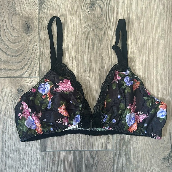 vintage 90s black floral lace trim bralette size medium - Picture 1 of 3